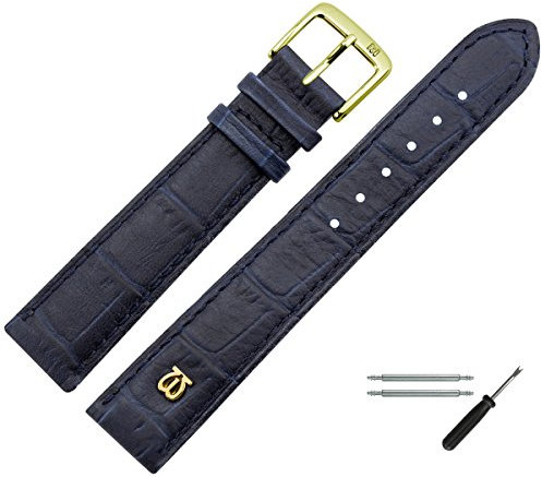 MARBURGER Uhrenarmband 20mm Leder Blau Gold Alligator Prägung Mit Naht - Montage Set 5282050000220