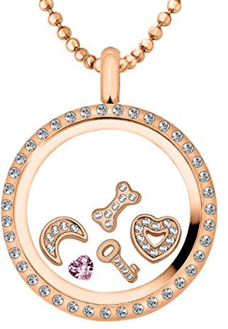 Quiges Or Rose Acier Inoxydable Oxyde de Zirconium Cristal Memory Mémoire Médaillon Pendant Collier 30mm avec Collier et et 5 Breloques Charms Flottantes Femme Fille Cadeau