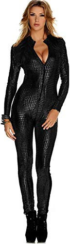BROWOL Sexy Damen Katzenkostüm Schlangenhaut Streifen Club DS Lack Club Anzug, enge Kleidung,Schlangenhaut-Overalls Catwoman Kostüm Overallkostüm Ganzanzug Party Kleidung (Schwarz, L)