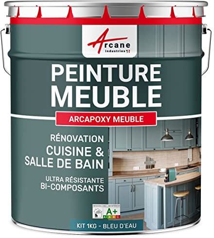 Peinture Meuble Cuisine, Salle de Bain - Résine Epoxy Bi-composant - ARCAPOXY MEUBLE - 1 kg (jusqu'à 12 m² en 2 couches) Bleu D'eau - RAL 5021 - ARCANE INDUSTRIES