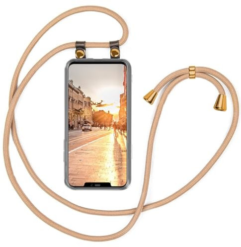 moex Handykette für Huawei Mate 20 Pro Hülle mit Band abnehmbar, Handyhülle mit Kette zum Umhängen, Handyband Kordel Umhängehülle, Necklace Handy Umhängeband, Gold