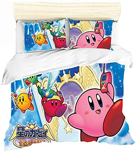 ESAAH Kirby Game 3D Bettbezugsset Mit Reißverschluss Und Kissenbezügen, Mädchen Teenager Bettwäsche 3-teiliges Set (A3,135x200cm+75x50cmx1)