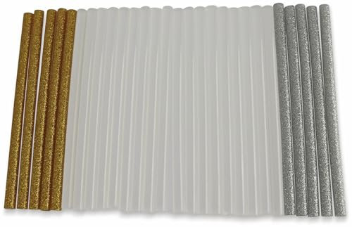 28er-Set Klebesticks für die Heißklebepistole, Heißkleber zum Basteln, Dekorieren und Reparieren, Heißklebestifte Gold-/Silber glitzernd + transparent, 28Stk. - Ø7mm x 140mm