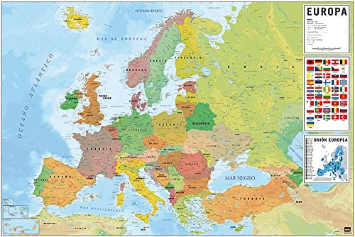 Close Up Mapa Europeo Poster Con Banderas 91,5 x 61 cm en español - Europakarte Poster Flaggen mit spanischen Beschriftungen