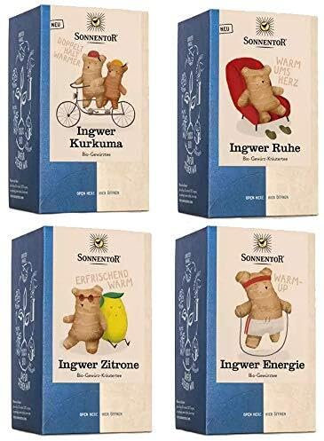 Sonnentor Ingwer Tee 4er Set - Beutel Tee - Mit den Sorten: Zitrone, Kurkuma, Energie & Ruhe - NEUE Sorten & NEUES Outfit - 4 x 32,4g - 129,6g