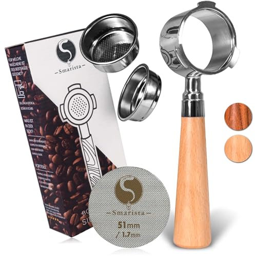 SMARISTA® Bodenloser Siebträger 51mm – Kompatibel mit EC680 / EC685 - inkl. Puck Screen - 51mm Filterhalter mit Holzgriff inkl. Siebeinsatz (einfache + doppelte Tasse) & Barista GUIDE – [Buchenholz]