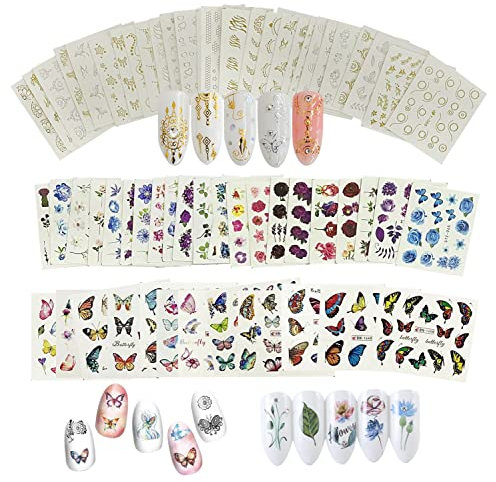 66 Blatt Wassertransfer Nagelaufkleber Frauen Nagelaufkleber Mädchen Aufkleber Gel Nail Art Design DIY Gold Silber Mond Stern Schmetterlinge Blumen