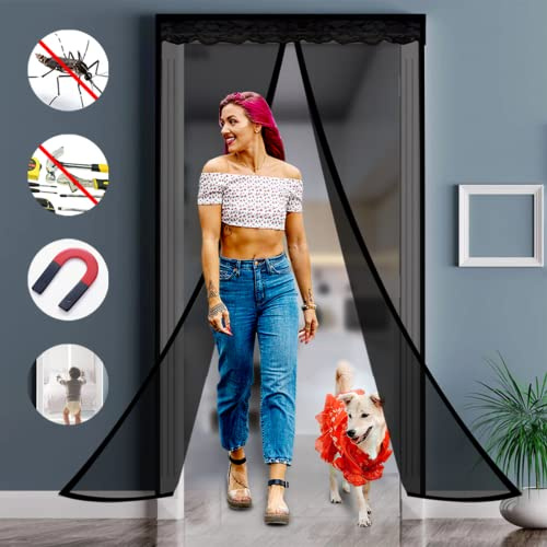 Magnet Fliegengittervorhang, Insektenschutz Balkontür, ohne Bohren, Schrauben oder Kleben, mit Klemmleiste, für Balkontür Wohnzimmer Terrassentür, Moskitonetz Tür (80 x 200cm, Schwarz)