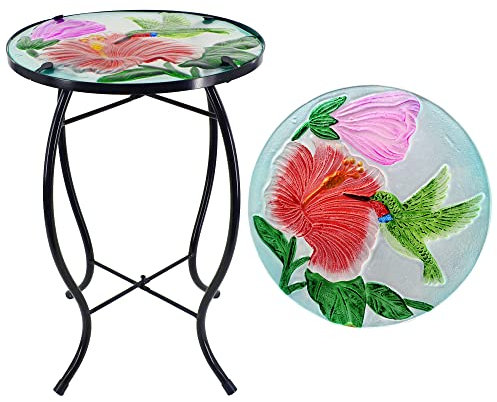 NewVees Kolibri-Terrassen-Beistelltisch, kleiner Terrassen-Beistelltisch, Pflanztisch, Metall-Glas-Beistelltisch für Veranda, Garten, Hof, Pool.