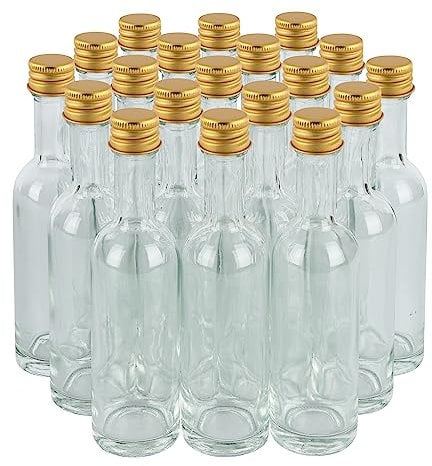 Pellah Goods Mini-Likör-Flasche mit auslaufsicherer goldfarbener Kappe, Aluminiumdeckel, 24 Stück, für Likör, Wein, Alkohol, Ingwer-Shots, kleine Tequila, 50 ml