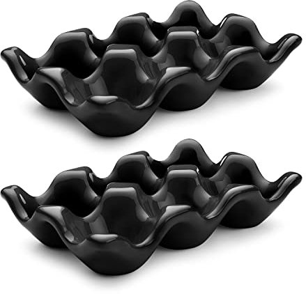 Flexzion Porcelain Egg Crate - 6-Egg Capacity Ceramic Egg Tray, Half Dozen Egg Holder for Fridge, Countertop Display - Black Decorative Serving Dish and Storage Organizer, 2 Pack
