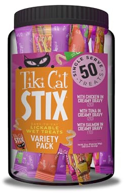 Tiki Cat Stix Wet Cat Treats, Variety Mega Jar, 0.5 oz. Servings, 50 Count