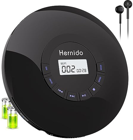 Hernido Lettore CD portatile con cuffie, lettore CD ricaricabile per auto, compatto CD Walkman con 5 suoni equalizzatori, uscita AUX, anti-skip, lettore CD per casa e viaggio Discman Kpop Player