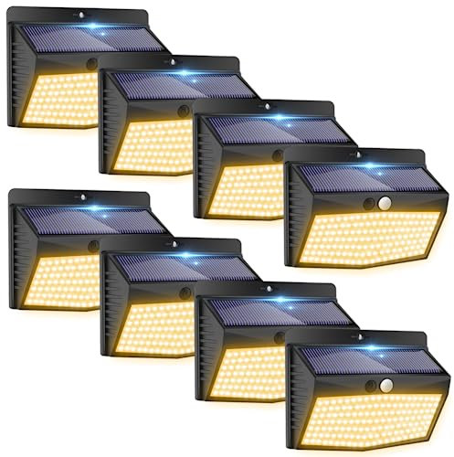 8 Pack Warm White Solar Lights Outdoor Garden, 138 LED Security Lights Motion Sensor with 3 Lighting Modes, Solar Powered Wall Lighting Waterproof for Fence Yard Garage