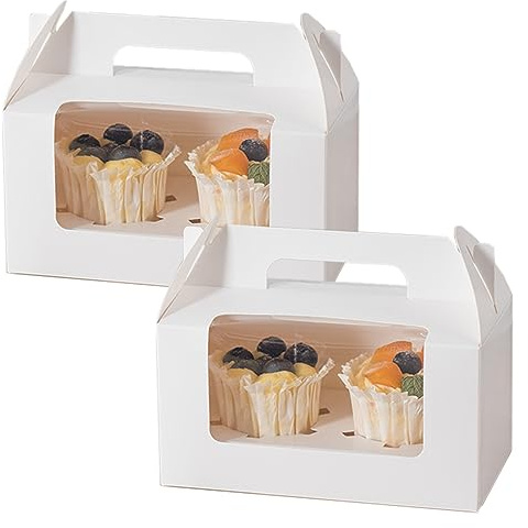 Allbusky 20PCS 2 Holes Cupcake Boxes Cupcake Carrier Cake Boxes with Inserts, Paper Bakery Boxes Treat Boxes for Christmas Baby Shower Wedding Party Favors (White, 2 Holes, 20-Pack)