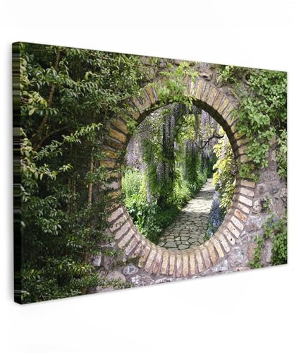 MuchoWow© Wandbilder Groß 120x80 cm XXL Schlafzimmer Home Deko Wohnung Bild Wohnzimmer Fotoleinwand Wand Bilder Leinwand Wall Decor Fensterblick - Wald - Steine - Aussicht - Weg