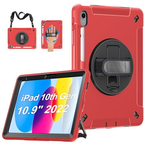 Gralifcare Hülle für iPad 10.Generation 10.9: Militärische 3-Schichte Stoßfeste Schutzhülle für iPad 10.Gen 2022 mit Stifthalter - Drehbarer Ständer - Handschlaufe - Schultergurt (Rot)