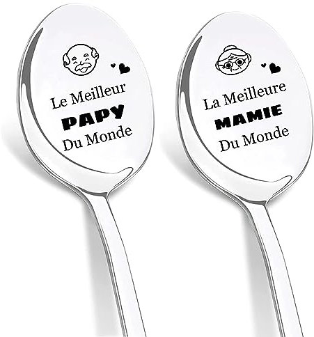DIKARIYA Cadeau Papi et Mamie, Cadeau Fete des Mere Mamie, Cuillère à Café, Cuillères Gravées au Laser Meilleur Mamie Papy du Monde, Cadeau Anniversaire Mamie Papy Anniversaire Grand-Parent Original