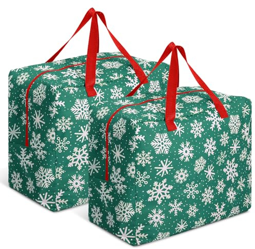Kajaia 2 Pcs Christmas Ornament Storage 18 x 15 x 10 Inch Snowflake Holiday Accessories Bag Christmas Storage Containers Tear Proof Xmas Ornament Organizer with Handles Full Length Zipper (Green)