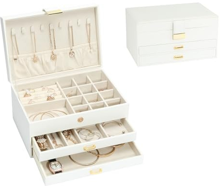 V-LAFUYLIFE Schmuck-Organizer-Box für Damen und Mädchen, 3-lagiges Schmuckkästchen mit 2 Schubladen, Schmuck-Aufbewahrungsbox für Ringe, Ohrringe, Armbänder, Halsketten (weiß)