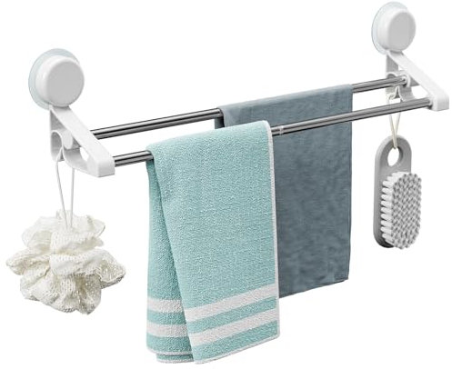 Lot de 1 barre porte-serviettes double ventouse de 69,1 cm sans perçage avec crochet en acier inoxydable pour salle de bain et cuisine