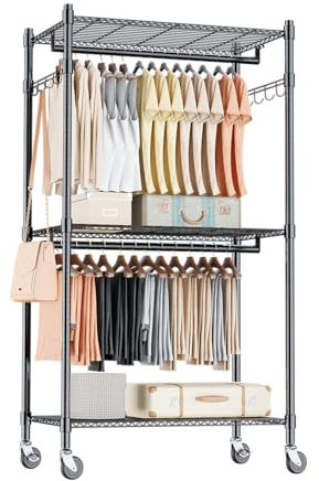 Himimi Perchero doble con estantes ajustables en altura, barra de ropa con 2 ganchos, rieles de ropa con ruedas, 60 * 42 * 205cm, Negro