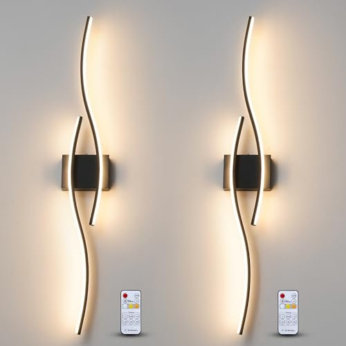 Modern Black LED Wall Lights Set of 2, Dimmable Wireless Sconce, LED Wall Lights for Living Room, 26W Energy Efficient Indoor Wall Lighting Fixture, 40.5 Curved Light Bar for Bedroom,Bathroom,Hallway
