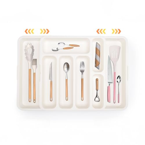 MyCulina Cutlery Drawer Organiser, Expandable Utensil Tray for the Kitchen, Adjustable to Fit Your Silverware and Flatware, Extendible Storage for Spoons Forks Knives, Flexible Size (Soft Cream)