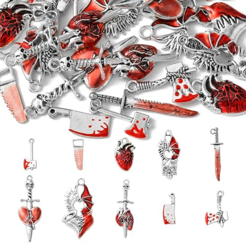 Ipotkitt 20 Pcs 10 Styles Antique Silver Enamel Gothic Themed Charms Halloween Axe Heart Knife Sword Skull Cross Charms for Necklace Jewellery Making