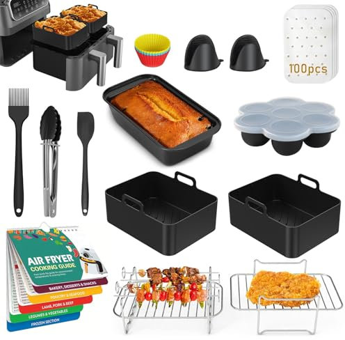 Air Fryer Accessories, 12 Pcs Air Fryer Accessories for Ninja Dual AF300UK AF400UK and Oven, Microwave,Including Reusable Silicone Dual Basket Air Fryer Liners, Air Fryer Racks,Cake Mould,Gloves,etc