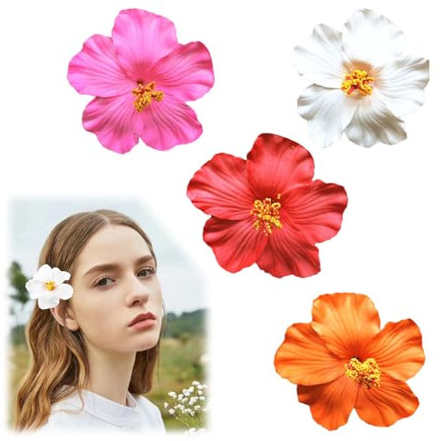 Zernblend 4 Stück Hawaiiblumen Haarschleifen für Frauen, 8,75 cm Plumeria Hibiskus Haarspangen, ideal für Strandurlaub, Party und Sommeraccessoires