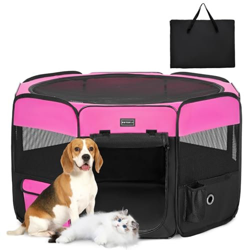 PETSFIT Enclos pliable pour petits animaux, chiens, chats, avec fond étanche, système pop-up, design anti-mastication, rouge rose/noir, 92 x 84 x 53 cm
