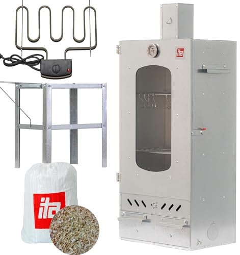 ITA Fumoir Électrique 7012 - Ensemble de Fumoir avec Élément Chauffant et Table - Armoire à Fumer avec Fenêtre & Cheminée - Acier Alliage - Qualité UE, Direct du Fabricant - 81 cm avec 3 Niveau
