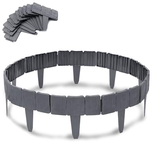 SUBTLETY 30 Stück T-Forming Rasenkante Kunststoff 25x23cm Stein-Optik Beetumrandungen aus Wetterfest Plastik Biegbarer Mähkante PP Palisade Decorativ Beet Zäune Set für Garten (7,5m, Anthrazit)