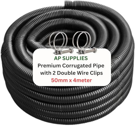 50mm x 4meter Flexible Pond Hose Corrugated Pipe with 2 Clips - Double-Wired Hose Clips for Pond Pumps, Filters, Drainage – Corrugated Water Butt Connector Pipe - Black