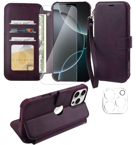 VANAVAGY Compatible for iPhone 16 Pro Wallet Case,Rfid Flip Leather Cover with Wrist Supports Wireless Charging with Card Holder,[Glass Screen Protector and Camera Cover],Purple