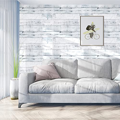 JOLIHOME Holzpaneel-Effekt Selbstklebende Tapete Abziehbares und Klebendes Kontaktpapier Abnehmbare Weiße und Blaue Selbstklebende Vinylfolie Rollen für Schränke Badezimmer 44.5x1000cm
