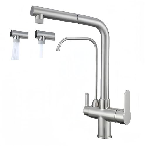 Grifo Cocina Osmosis Extraible,Grifo De Cocina 3 Vías Osmosis Con Ducha Extraíble, Grifo Osmosis Fregadero Giratorio A 360°,grifos Cocina Fregadero Para Osmosis Latón (Níquel Cepillado)