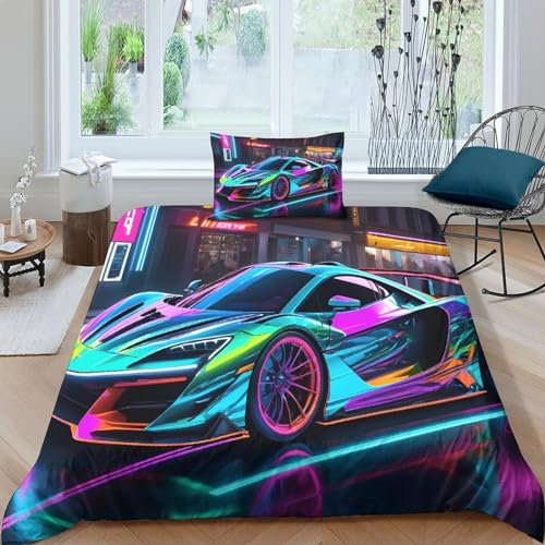 VUDBELAFC Bunte Sportwagen Bettbezug Set Bettwäsche Kinderbettwäsche-Set Reißverschluss Mit Kissenbezug Betten Set Für Jugendliche Kinder Schlafzimmer Single(1Tier5x200cm)