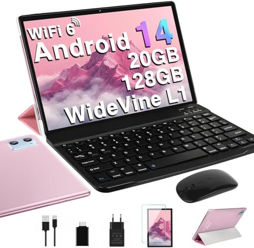 Tablette 10 Pouces Android 14 Tablettes avec 20Go RAM+128Go ROM(TF Extensible 2To), WiFi 6, 5G+2.4G WiFi, Octa-Core, Widevine L1, Bluetooth5.0, GMS Tablette Tactile avec Clavier+Souris et Cas-Or Rose