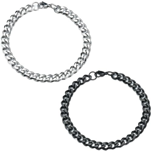 JEYORZY Armband Herren Jungs Edelstahl 2 Stücke - Herrenarmbänder Silber/Schwarz Herren Armband Panzerkette, Geschenk für Ihn DAD Freund Ehemann Bruder, Hip Hop Rapper Modeschmuck Geschenk