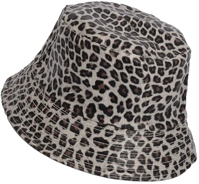 Manfnee Leopard Eimer Hut PU Leder Eimer Hüte Sonnenhut Reversible Packable Fishing Cap für Frauen Männer