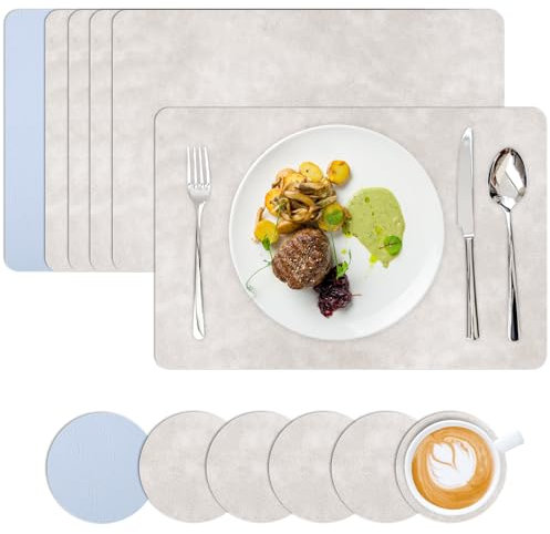 Homwiz Tovagliette Americane Double Face Lavabili Plastica con Sottobicchieri, Rettangolare Tovaglietta Pelle Merenda Scuola Colazione Eleganti 43x30 cm (Grigio chiaro+Blu chiaro, Set da 6)