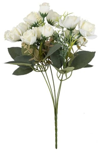 Ideen mit Herz Buisson de fleurs artificielles - Bouquet de roses - Fleurs décoratives à longue tige - 15 fleurs de diamètre d'environ 2,5 à 4 cm (crème)