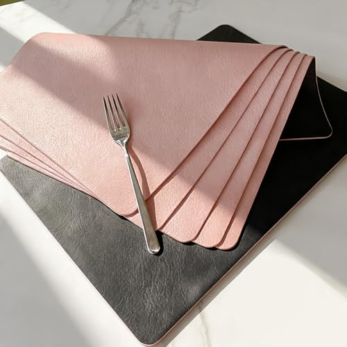 Tischsets 6er Set Kunstleder Effekt Tischmatten für Tisch 6 Abwaschbar Wasserdicht Hitzebeständig Abendessen Platzsets Haltbare PU Tischsets für Esstisch Dekoration Matten, Hellrosa & Grau