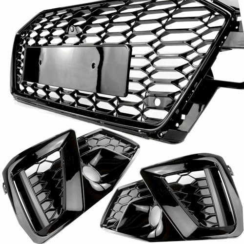 Underground Parts RS4 Style All Gloss Black Honeycomb Front Bumper Grille and Fog Light Covers Kit for Audi A4 B9.5 2019-2024