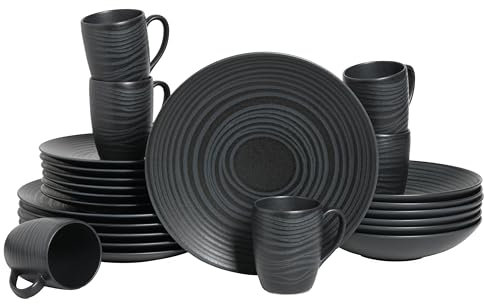 CreaTable, 20568, Serie Lava Stone Black, 24-teiliges Geschirrset für 6 Personen, Kombiservice aus Steinzeug, spülmaschinen- und mikrowellengeeignet, Made in Portugal