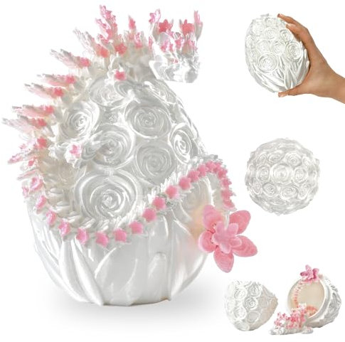 3D Drache im Ei – Drachenei mit Drache 36 cm Figur | 12 cm Großes Ei | Schlüpfender Überraschungsdrache in Weiß-Rosa mit Blumenmuster | Bewegliches Fantasy Spielzeug & Sammelfigur für Kinder