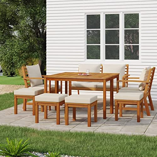 Utiny 9-TLG. Garten-Essgruppe mit Kissen Massivholz Akazie Cremeweiß(Bank + 2X Stuhl + 4X Fußstütze + 2X Tisch)
