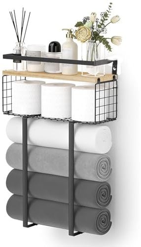 Yahbrra Handtuchhalter Badezimmer Klopapier Aufbewahrung Badezimmermöbel: mit Ablage Handtuchstange Wandmontage für Wandregal Badezimmer und Küche (Schwarz, 40/15/7x15cm)